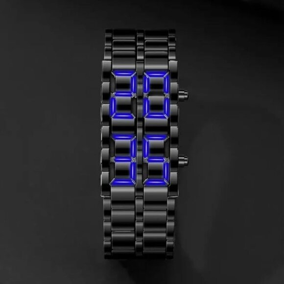 LED Digital‎ Watch, Black & Blue Stainless Steel Lava Style, Samurai Bracelet - Picture 11 of 13